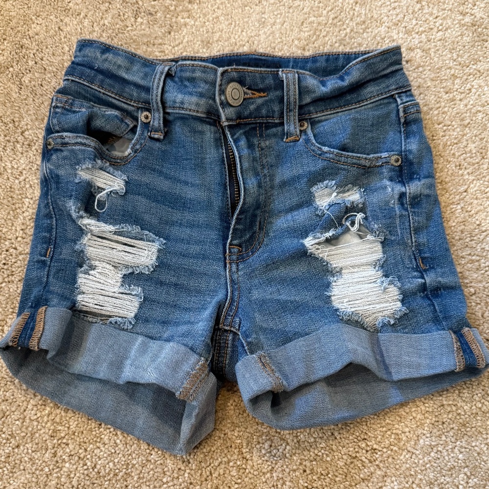 Aeropostale Distressed Rolled-Hem Denim Shorts Stretch Blue 00 XS